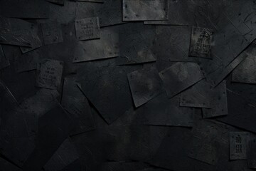 Dark textured surface with embedded stone tablets. Concept of archeology, ancient writings, history, and mystery.