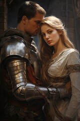 Romantic couple in historical attire embracing tenderly. Man and woman. Knight and his lady. Concept of period romance, royal love story. Cover for women's romance novel. Vertical.