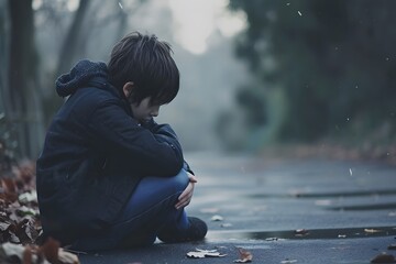sad young boy sitting in road curled up on rainy day alone depression  - obrazy, fototapety, plakaty