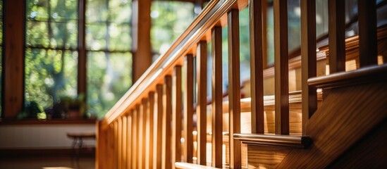 A detailed view of a wooden staircase inside a home, showcasing the texture and grain of the wood, along with the handrail.