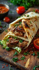 A close-up view of a tortilla resting on a wooden cutting board, showcasing its texture and thickness.