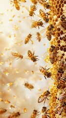 A cluster of bees buzzing around a honeycomb in a beehive, filled with activity as they work together.