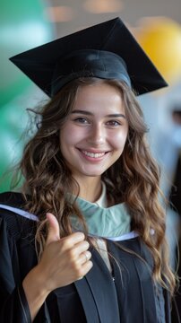 A Caucasian woman in a graduation gown smiling and giving a thumbs up gesture.