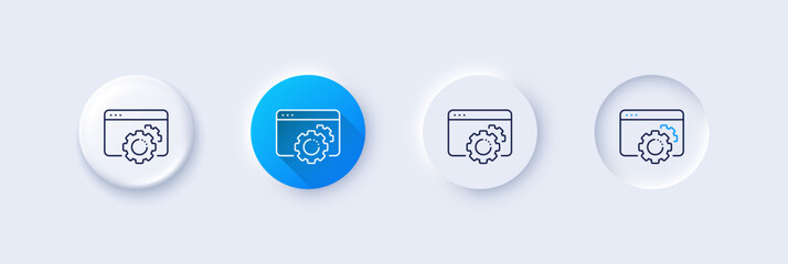 Seo gear line icon. Neumorphic, Blue gradient, 3d pin buttons. Web settings sign. Traffic management symbol. Line icons. Neumorphic buttons with outline signs. Vector
