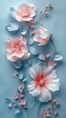 A collection of pink flowers in full bloom set against a light blue background. The contrast of colors creates a striking visual impact.