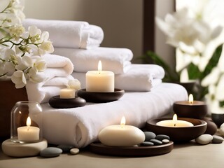Fototapeta na wymiar Tranquil Retreat: Serene Massage Composition with Soft Towels, Essential Oils, Stones, Flowers, and Candles