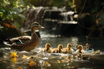 Experience the heartwarming sight of a mother duck gently guiding her ducklings across a serene pond, showcasing the nurturing essence of wildlife.
