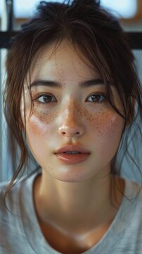A close-up beauty portrait of a young Japanese woman with freckles on her hair and eyes, showcasing her unique features.