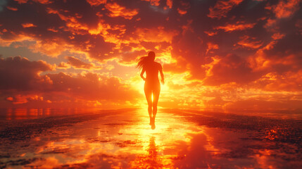 A silhouette of a young women running on the ground into the vibrant color of sunset - obrazy, fototapety, plakaty