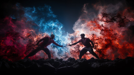 Two professional boxer boxing on color powder background, - obrazy, fototapety, plakaty