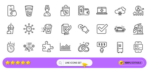 Medical help, Coffee delivery and Card line icons for web app. Pack of Snow weather, Rotation gesture, Wallet money pictogram icons. Phone touch, Car, Ice cream milkshake signs. Search bar. Vector
