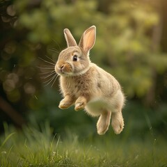 Obraz premium Cute little bunny jumping on green grass. Springtime nature scene.