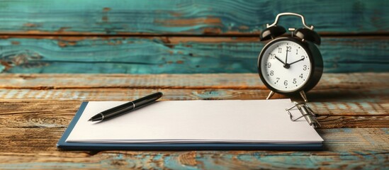 An alarm clock is placed on a notepad next to a pen on a desk, ready for use or noting important...