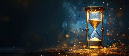 An hourglass with gold sand flowing steadily from the top bulb to the bottom, measuring the passage of time against a dark background.