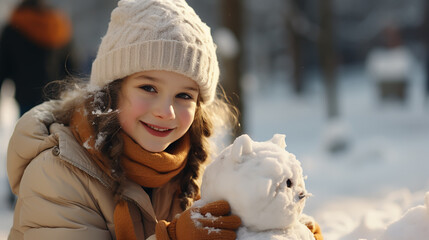 happy child girl plaing with a snowman on a snowy winter walk - obrazy, fototapety, plakaty