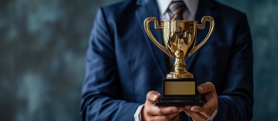 A Businessman in a suit holding a trophy in a celebratory moment of success.