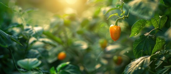 Orange peppers growing in a cluster on a plant, with green leaves in the background. - Powered by Adobe