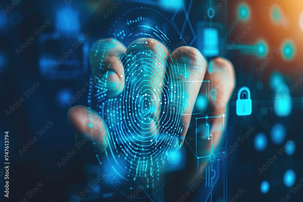 Poster man using thumb to scan finger print or for digital processing bio-metric identification to access s