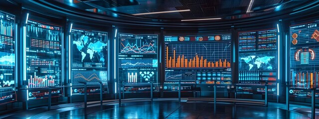 stocks crypto monitor control room room filled with screens data information  - obrazy, fototapety, plakaty