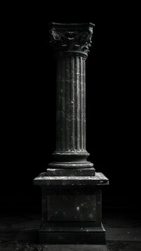 A black and white image showcasing an isolated pillar in dramatic darkness, highlighting its intricate details and strong presence.