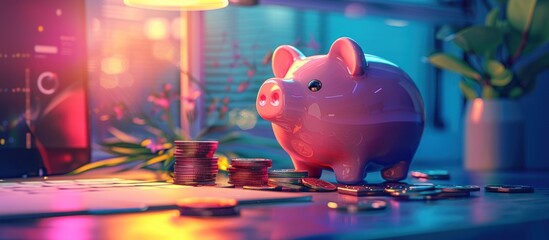A pink piggy bank sitting on top of a pile of coins on a desk.