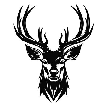 head of deer black and white vector illustration isolated transparent background logo, cut out or cutout t-shirt print design
