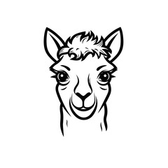 head of lama or alpaca black and white vector illustration isolated transparent background logo, cut out or cutout t-shirt print design