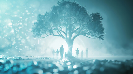 Family Silhouette Under a Luminous Tree in a Magical Night