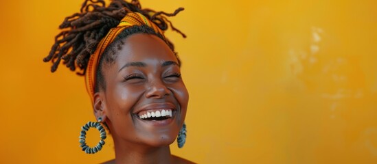 A cheerful woman with dreadlocks on her head is smiling and laughing.