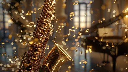 3D render of a golden saxophone with 3D music notes emerging from it, set in a realistic studio setting, emphasizing the elegance and sophistication of saxophone music