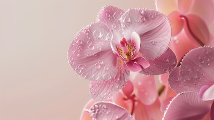 3D render of a hyper-realistic pink orchid with water droplets on its petals, showcasing the flower's elegance and the complexity of its structure, set against a minimalist background