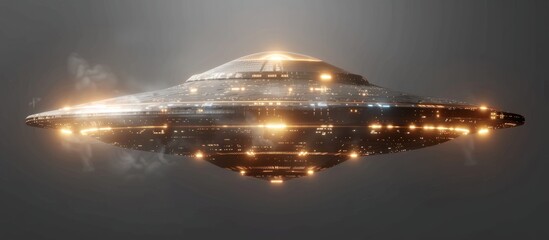 Naklejka na ściany i meble An alien ship hovers in the dark sky at night, illuminated by mysterious lights.