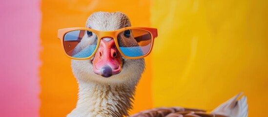 A duck with sunglasses sits with a pelican in front, showcasing a quirky and amusing moment in an unexpected pairing. - obrazy, fototapety, plakaty