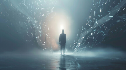 Fototapeta na wymiar 3D rendering of a minimalist person standing in a void, with dynamic, imaginative elements like floating geometric shapes and ethereal lights emerging around them