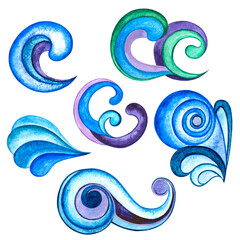 Set of abstract decorative elements of blue waves. Watercolor ornamental sea, ocean.