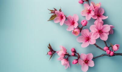 Pink sprigs and cherry blossoms on a light blue background. Minimalist, modern, clean. Natural beauty, tranquility, simplicity. With copy space. Backgrounds, health and beauty products, minimalist.