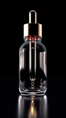Naklejka premium A glass dropper bottle with a gold top is placed on a black surface.