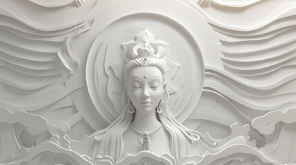 Detailed 3D model showcasing a paper cut design of a spiritual goddess in a minimalist style, with emphasis on texture and depth, plus blank space at the top for additional elements