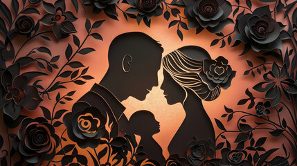 Photo-realistic image of a detailed paper cut artwork symbolizing motherhood, featuring a silhouette of a mother and child in a tender embrace, crafted with precision and care