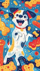 Cheerful Dog Surrounded by Colorful Dog Toys and Treats