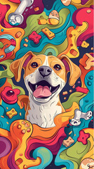 Cheerful Dog Surrounded by Colorful Dog Toys and Treats