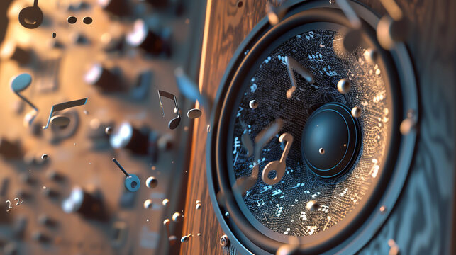 Photorealistic rendering of a high-fidelity speaker blending seamlessly with musical notes, indicating the speaker's superior sound quality, with a focus on detail and texture