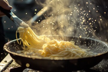 Person Stirring Spaghetti in Wok With Spatula - obrazy, fototapety, plakaty
