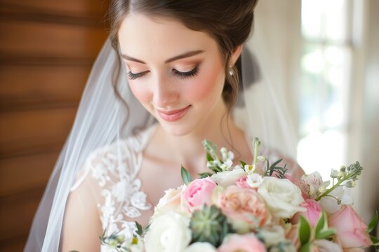A Woman in a Wedding Dress Holding a Bouquet of Flowers
