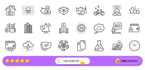 Piggy bank, Approved and Time line icons for web app. Pack of Chemistry lab, Smartphone, Cyber attack pictogram icons. E-bike, Smile, Car charging signs. Currency rate, Yoga, Stars. Search bar. Vector