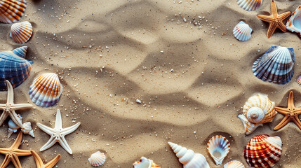 Fototapeta na wymiar Seashells and Starfish Border on a Sandy Beach. Vacation and Travel Concept to Tropical and Sunny Location for Marketing, Travel Agency, or Advertisement. Copyspace.