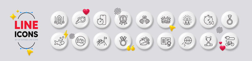 Yoga, Winner podium and Timer line icons. White buttons 3d icons. Pack of Honor, Vegetables, Diploma icon. Mountain bike, Stop fishing, Timer app pictogram. Medal, Arena stadium, Dumbbell. Vector