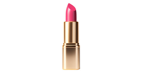 Pink color lipstick in a golden case on a transparent background, png. Make up a product show off. Copy space.