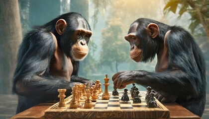 Strategic Primate Duo: Two Chimpanzees Engaged in Chess Match - obrazy, fototapety, plakaty