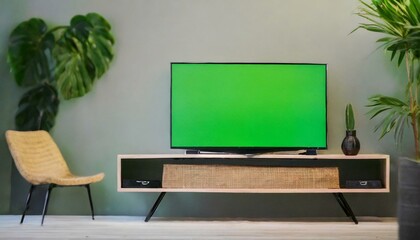 Modern Entertainment Setup: Green Screen TV atop Table